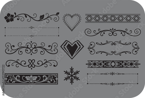 Collection of elegant black and white decorative elements for design projects