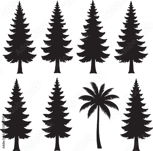 Black Silhouettes of Eight Evergreen Trees and One Palm Tree on White Background