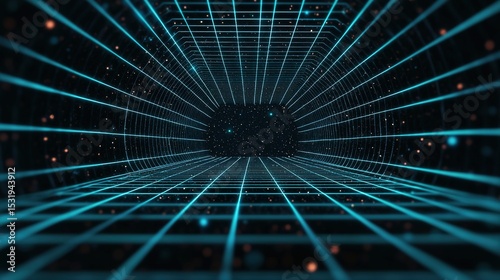 Futuristic digital tunnel with glowing grid lines and particles creating a 3D virtual space effect.
