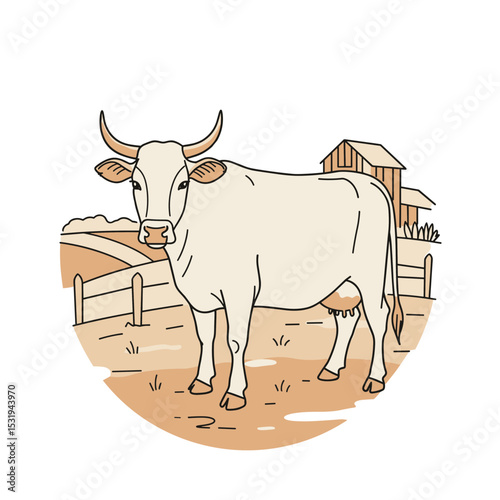 Cow standing in a farm field with barn and fence in background  