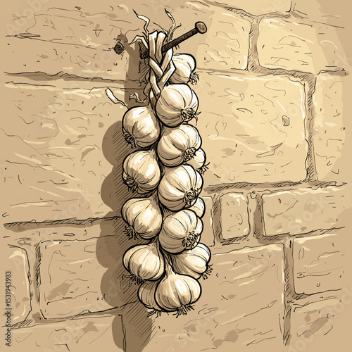 Garlic bulbs braided and hanging on a nail against a stone wall  