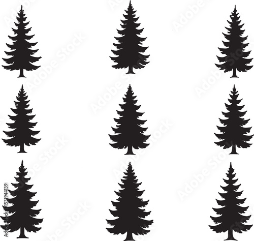 Nine Black Silhouette Evergreen Trees on White Background Simple Nature Pattern pine