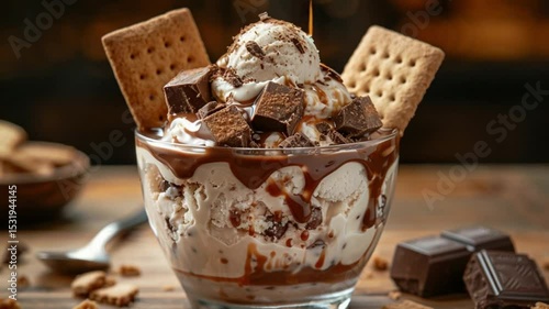 A glass bowl of dessert filled with a scoop of vanilla cream