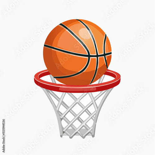 Bold vector of basketball about to land in hoop, with clean shadows