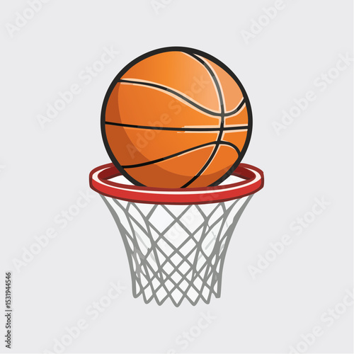 Bold vector of basketball about to land in hoop, with clean shadows