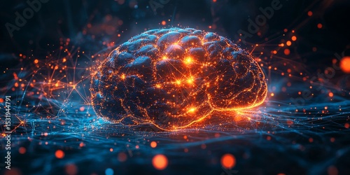 abstract digital artwork showing a futuristic AI brain with glowing synapses and deep learning data, Generative AI