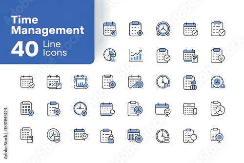 40 Editable Time Management Line Icons Calendar, Clock, Productivity, Scheduling
