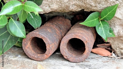Rusty Cannons in Stone Structure with Green Foliage