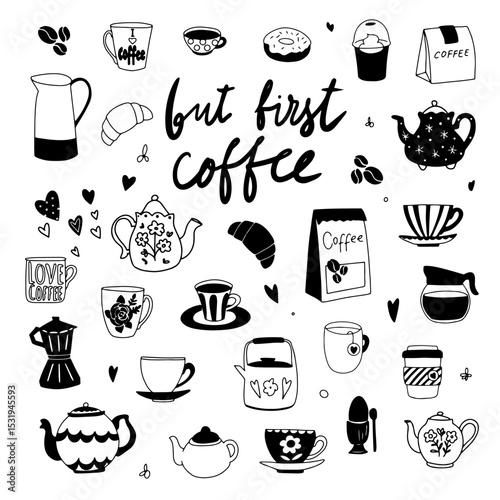 Hand-drawn coffee doodle set with cups, teapots, croissants, beans, and coffee quotes. Cute black and white sketch elements perfect for café designs, stickers, and coloring pages.