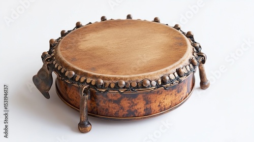 A circular, wooden drum with a dark brown, aged finish and a leather drumhead sits on three decorative bronze legs, against a white background