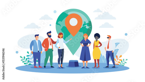 Online Teamwork and Brainstorming. Virtual meeting with global coworkers discussing ideas via video link. Vector illustration.