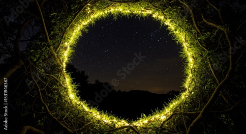 View through a circular opening of illuminated tree branches and leaves, revealing a starry night sky above a dark forest horizon.