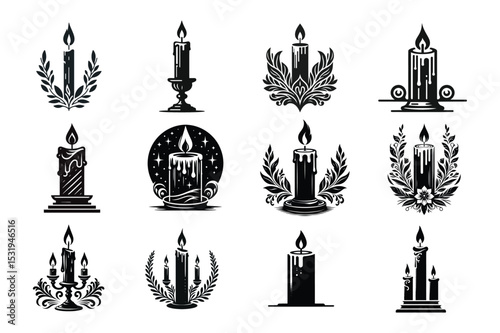 Elegant black and white candle illustrations with floral elements for design and decoration