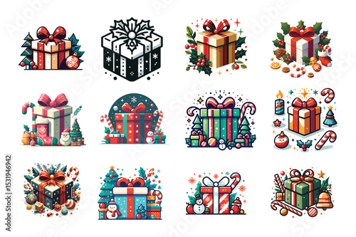 Festive holiday gift boxes with bows and decorations on a white background design elements