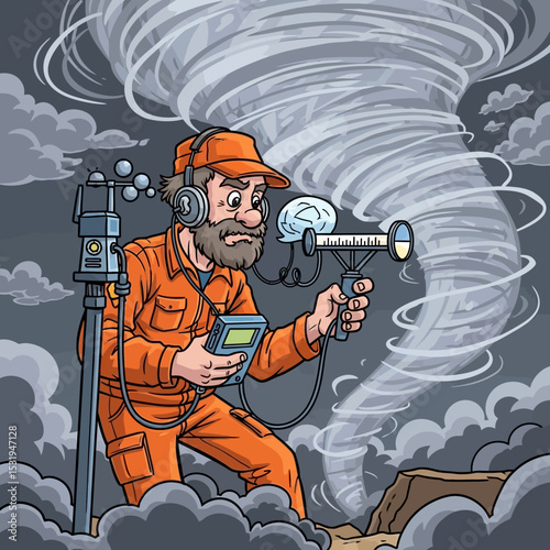 Male Meteorologist or Storm Chaser with Equipment During Tornado