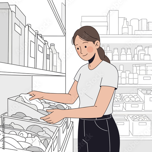 Female Volunteer Organizing Supplies at a Food Bank or Shelter