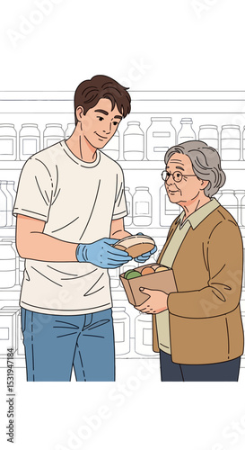 Volunteer Helping Senior Woman at Food Bank or Shelter