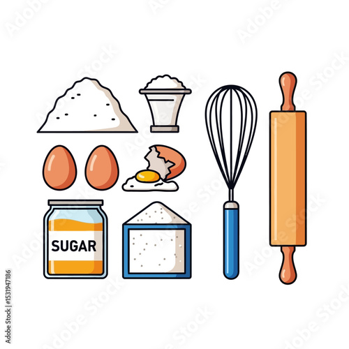 Baking Ingredients and Utensils Flat Icons Set