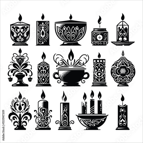 Elegant black and white candle illustrations with ornate designs and festive decorative elements
