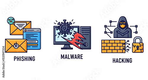 Cyber Threats: Phishing, Malware, and Hacking Illustration