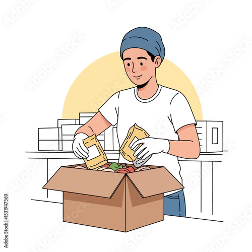 Volunteer Packing Food at Donation Center – Cartoon Vector Illustration