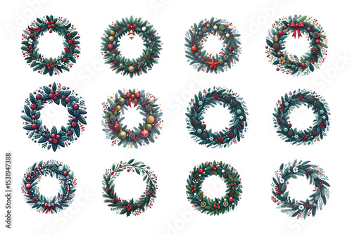 Collection of festive christmas wreaths adorned with berries pine cones and ornaments