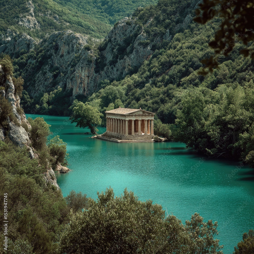 Naklejka premium Ancient temple on turquoise lake, green hills