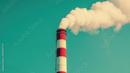 A tall, red and white industrial chimney emits thick smoke against a clear teal sky.