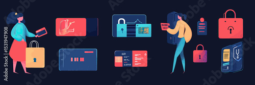 People using digital cybersecurity devices protecting private data personal information credit card pin code passwords flat vector illustration
