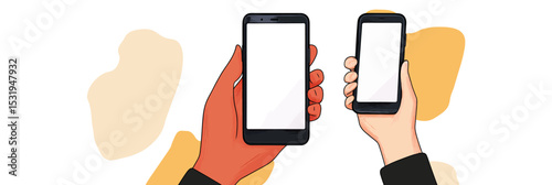 Two hands holding smartphones with blank white screens on abstract background flat minimalist vector illustration of mobile technology communication and connectivity concept