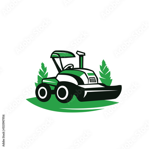 Zero turn lawn mower cutter with green canopy on grass patch and stylized leaves minimalist vector logo for landscaping and lawn care business branding