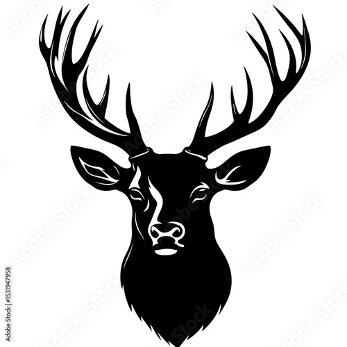 Black silhouette of stag deer head with large antlers isolated on white background minimalist wildlife forest animal portrait vector illustration for logo design