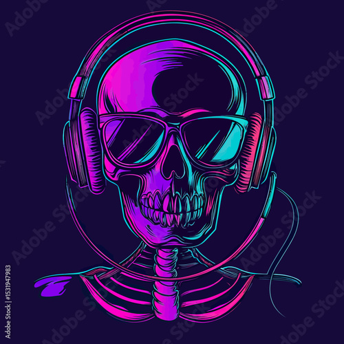 Vibrant neon skull wearing sunglasses and headphones glowing under UV lights in a flat minimalist vector style digital illustration