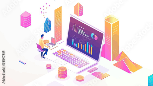 Isometric illustration of man analyzing colorful data charts and graphs on laptop with financial coins and digital dashboard elements in minimalist flat style