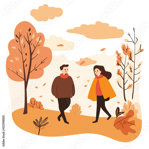 Autumn couple walking outdoors with orange trees falling leaves seasonal landscape flat vector illustration cozy fall clothing nature background