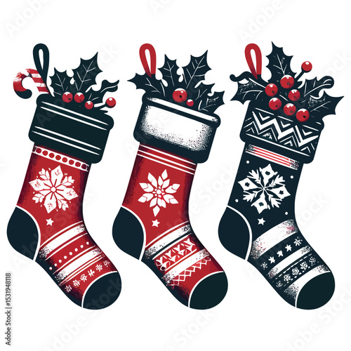 Festive christmas stockings decorated with holly berries candy canes and snowflake patterns