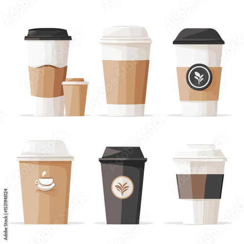 Set of six minimalist coffee disposable cups with lids and brown sleeves, eco friendly stylish takeaway beverage packaging design collection in flat vector style