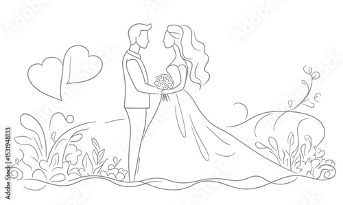 Minimalist continuous line art of wedding bride and groom holding hands with floral accents and heart shapes romantic marriage illustration vector design