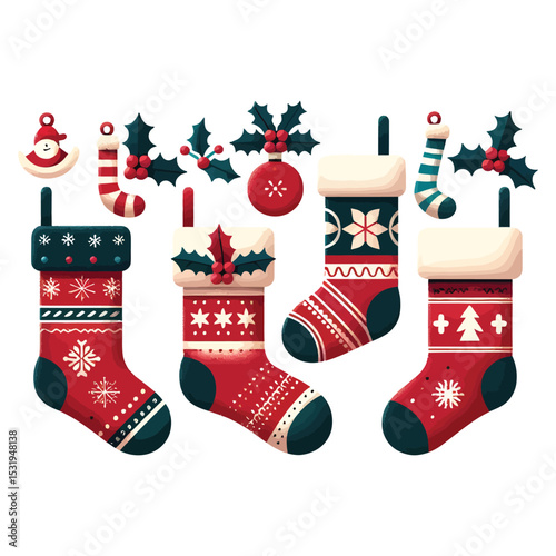 Festive collection of decorated christmas stockings and holiday decorations isolated on white