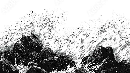 Black and white artistic depiction of waves crashing against rocks, capturing dynamic water movement and texture.