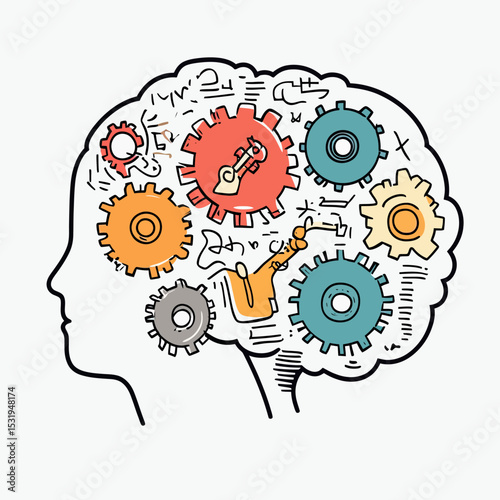 Human brain outline filled with colorful interlocking gears and doodle sketches representing thinking, creativity, and cognitive process concept vector illustration