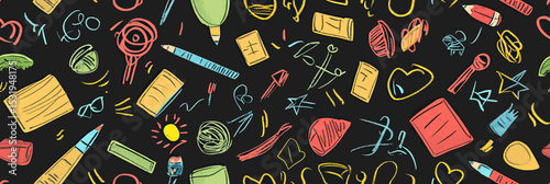 Seamless hand drawn colorful school supplies pattern with notebooks pens pencils scissors rulers brushes and paper clips on black background vector illustration