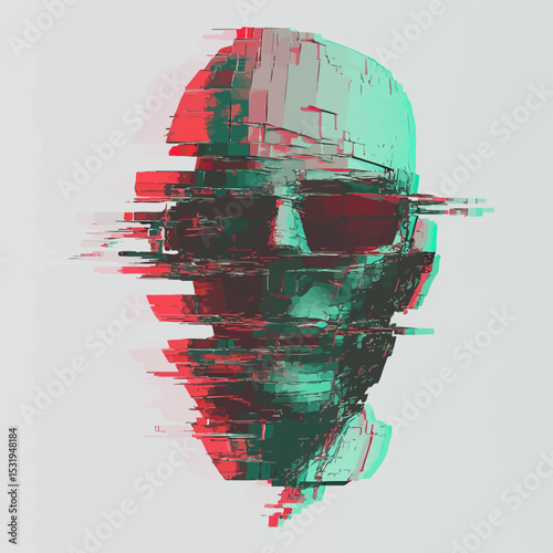 Abstract glitch distorted 3D mens face head with sunglasses digital fragmented texture in red and teal anaglyph effect on light background technology concept