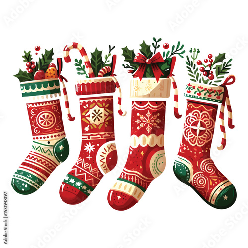 Festive christmas stockings filled with holly berries candy canes and holiday decorations