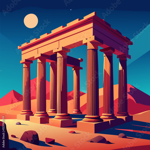 Ancient Greek Temple Ruins in a Desert Landscape at Sunset
