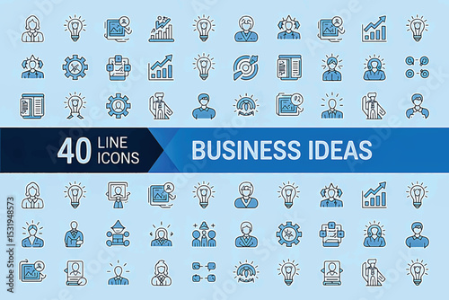 Business Ideas: 40 line icons representing diverse business concepts and innovative ideas, conveying a sense of creativity, planning, and strategic thinking. 