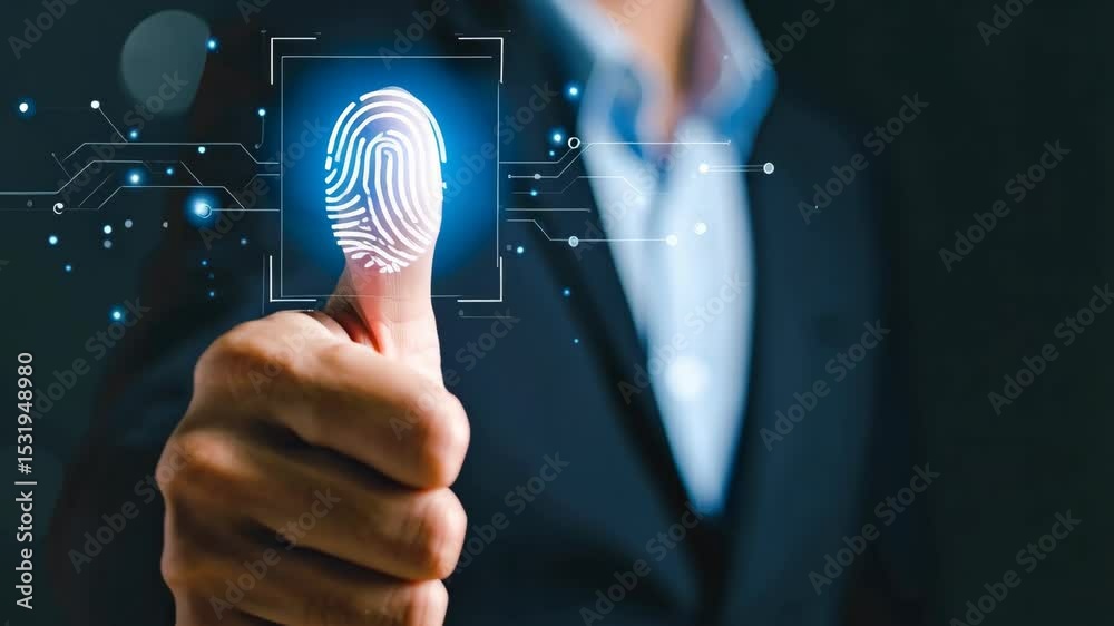 Close-up of a digital fingerprint on a person's thumb against a dark background, symbolizing biometric data security and scanning technologies.