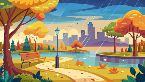 Autumnal City Park. A Rainy Day's Tranquility