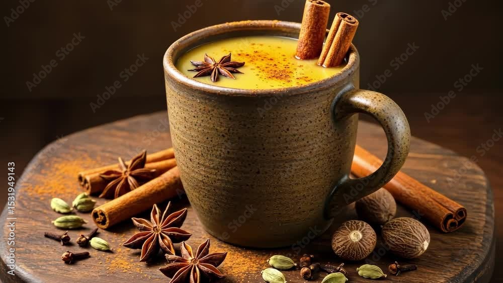 A cozy cup of spiced drink with cinnamon and star anise.