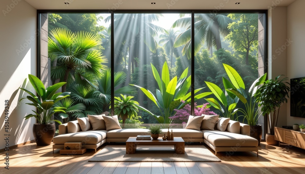 Fototapeta premium a modern living room with large glass windows framing a lush tropical jungle